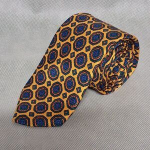 Holland & Sherry Silk Necktie Orange Blue Geometric 62" x 3 1/8" Made In USA